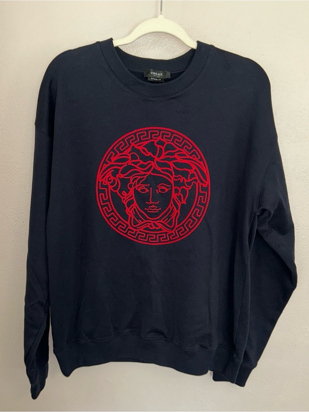 Versace Black Crewneck Sweatshirt with Red Medusa Embroidery